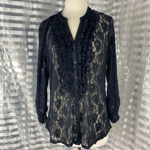 Style & Co Black Lace Ruffle Button Up Top
